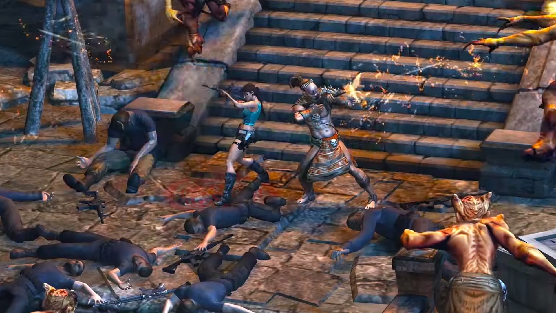 Combat scene with characters in a dungeon-like setting
