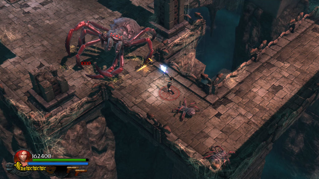Game screen showing a fantasy battle scene with a large red crab-like creature and characters on stone platforms.