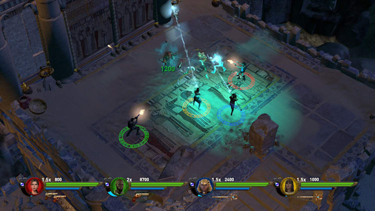 Isometric view of a dungeon exploration scene with characters and health bars in a video game.