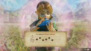 A character from The Legend of Zelda holds and plays a blue ocarina flute in a grassy outdoor scene with a translucent overlay. A parchment-style panel at the bottom reads 'You played Zelda's Lullaby!' with musical notes.