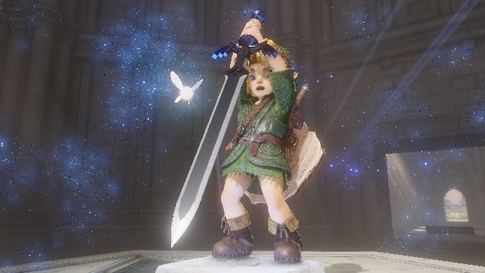 A 3D-rendered fantasy character in a green tunic and brown boots stands on a pedestal in a dark, starry interior, holding a large glowing sword overhead.
