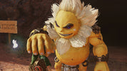 A stylized 3D-rendered character with a yellow body, large white hair, and a wide grin, shown in a dark outdoor-like environment. The face area is obscured by a solid rectangular block, and there is no clearly identifiable retail product being sold.