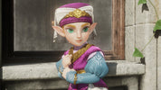 A stylized 3D-rendered fantasy character with pointed ears, wearing a white and purple headwrap with gold detailing, a purple and blue outfit with gold trim, and blue arm bands, posed in front of a stone wall and window.