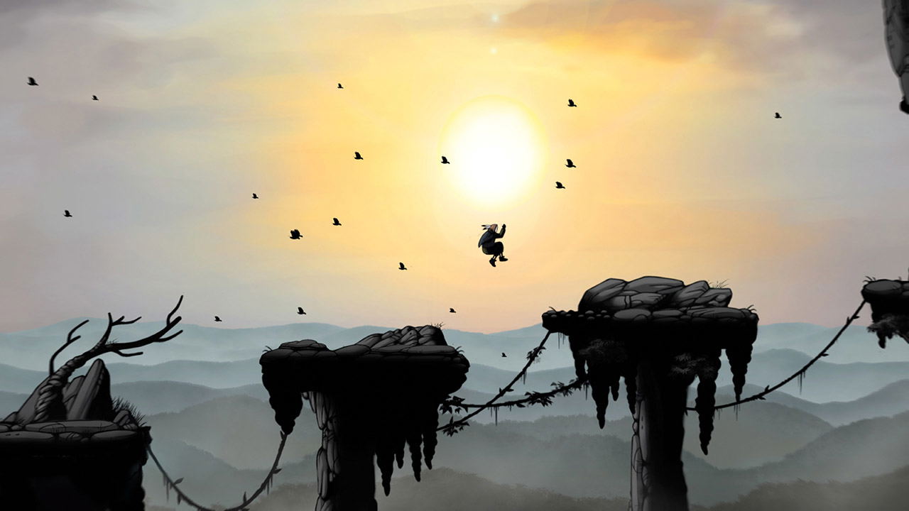 Desolate landscape with barren trees and a setting sun, evoking a sense of solitude and decay.