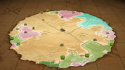Board game map with various territories on a wooden surface