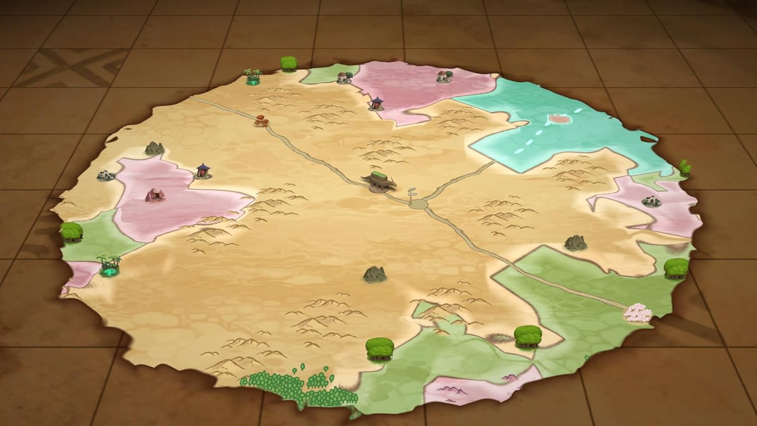 Board game map with various territories on a wooden surface