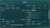 A screenshot of a dark teal game interface titled 'Research' with multiple connected research nodes, icons, buttons, and a central tooltip reading 'Ork Doctor' and 'Research fund.' This is not a physical product photo, packaging, lifestyle scene, measurement chart, color swatch, or instruction diagram for a retail product; it fits best under Other as a digital-only preview/game UI.