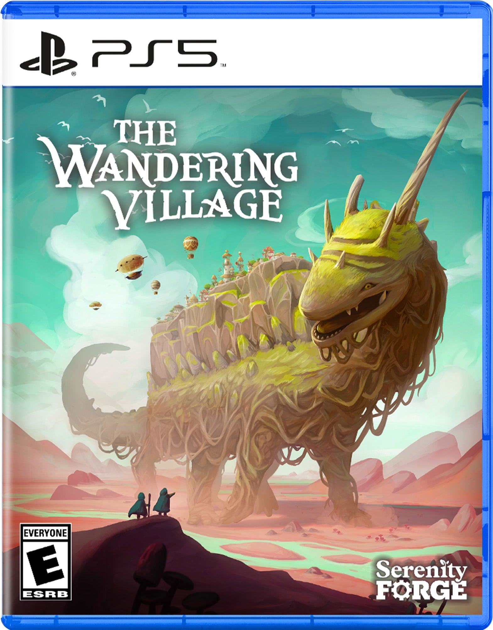 Game cover of 'The Wandering Village' for PS5 with a large dragon-like creature and two figures on a hill.
