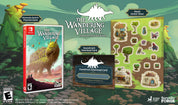 Nintendo Switch game case for 'The Wandering Village' with promotional materials on a green fantasy-themed background.