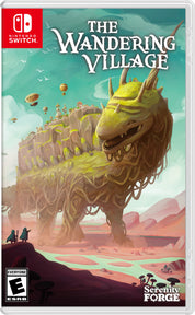 Front cover of the Nintendo Switch game The Wandering Village, showing a large yellow-green serpentine creature in a surreal landscape with the Nintendo Switch logo in the top left and the ESRB rating in the bottom left.