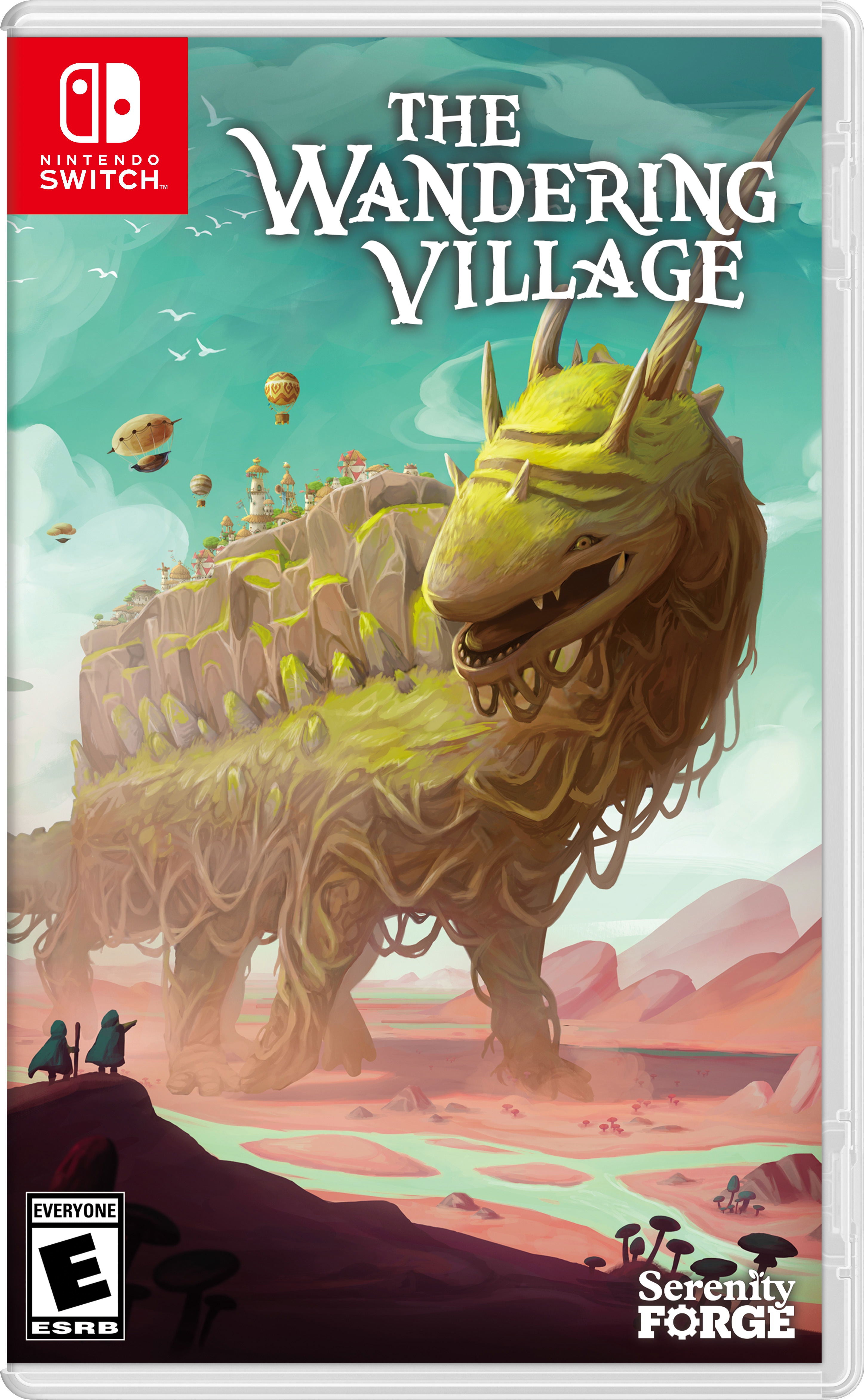 Front cover of the Nintendo Switch game The Wandering Village, showing a large yellow-green serpentine creature in a surreal landscape with the Nintendo Switch logo in the top left and the ESRB rating in the bottom left.