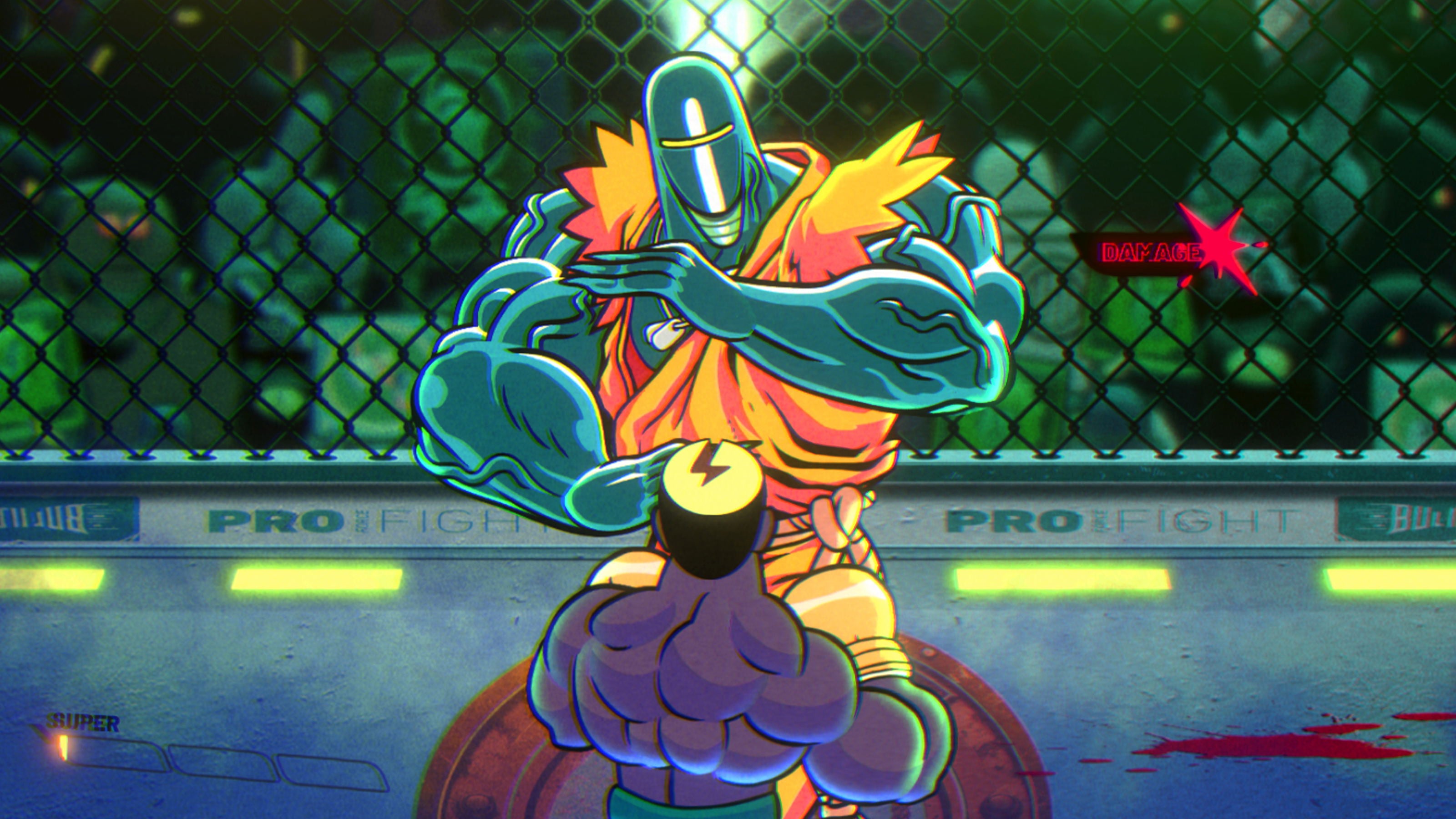 Colorful animated character in a fighting stance on a boxing ring with 'Pro Fight' branding.