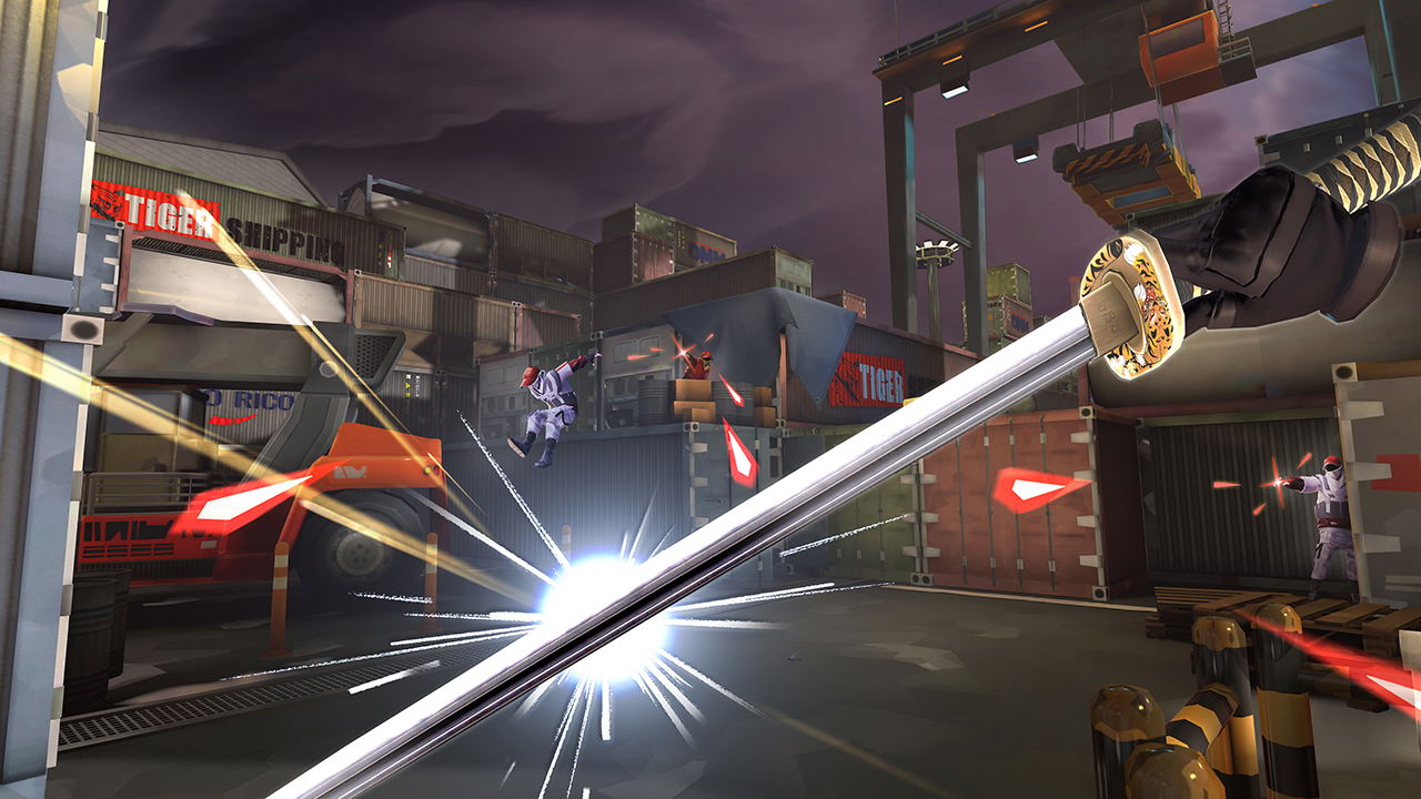 Sword battle scene with characters in a cityscape at night