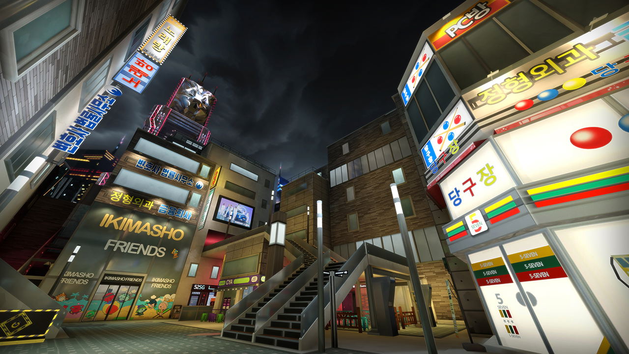 Stylized urban scene with colorful buildings and signs at night.