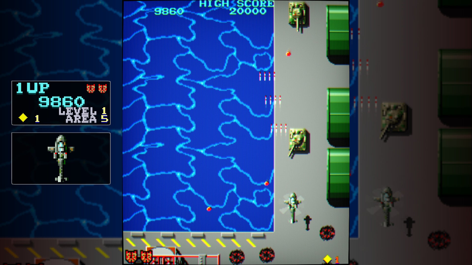 Screenshot of a retro-style video game with character health, score, and map displayed.
