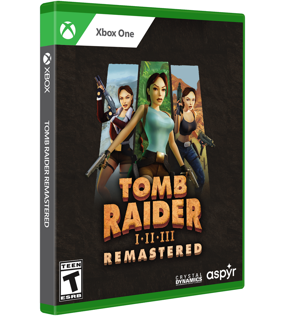 Game box for 'Tomb Raider I-II-III Remastered' on Xbox One with characters and branding.