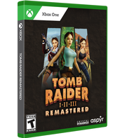 Game box for 'Tomb Raider I-II-III Remastered' on Xbox One with characters and branding.