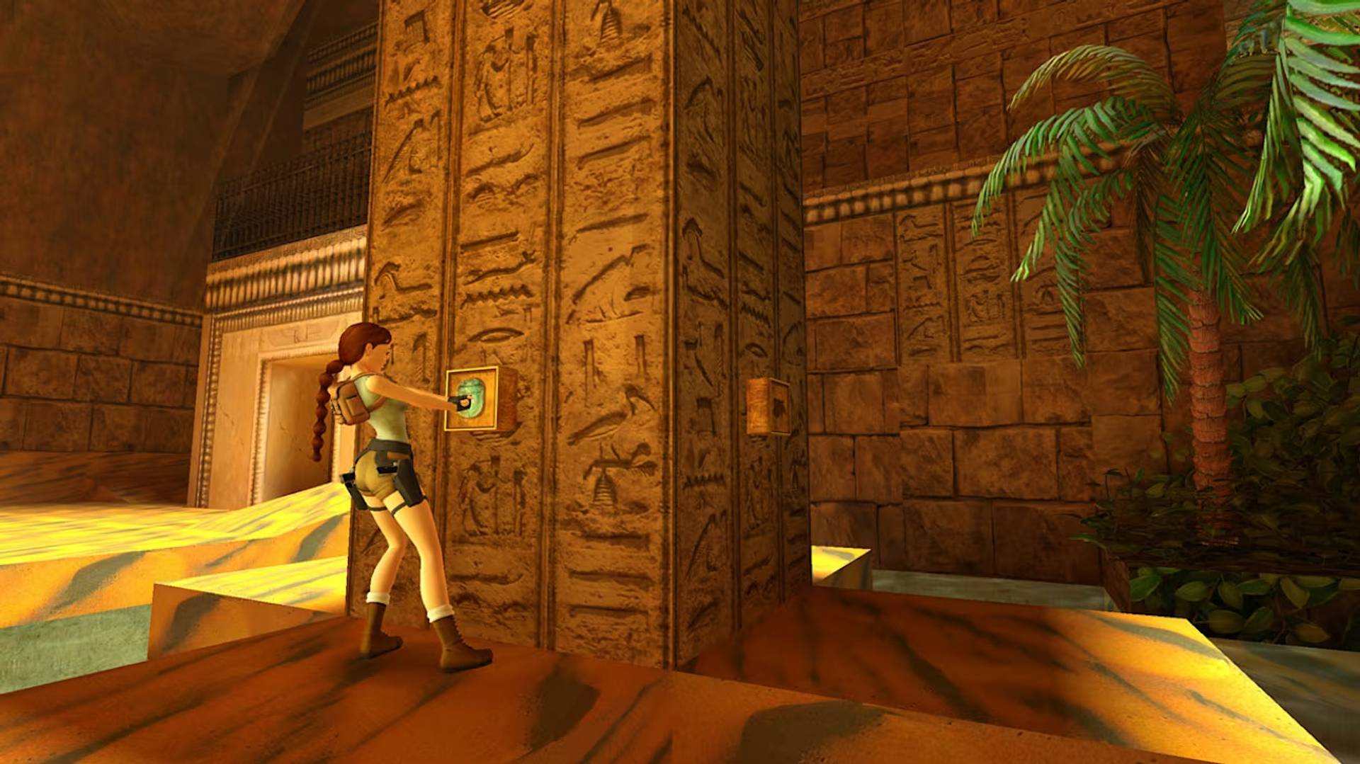 Character in an ancient temple setting with hieroglyphics and plants.