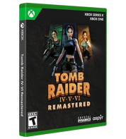 Game box for 'Tomb Raider IV-VI Remastered' on Xbox with character images and branding.