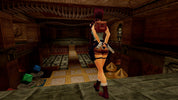 Character in a video game setting with wooden walls and floor.