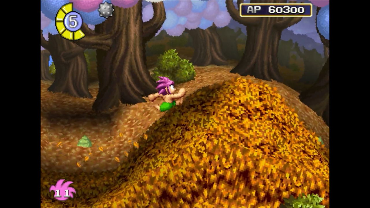 Game screen with a character in a forest setting, collecting items.
