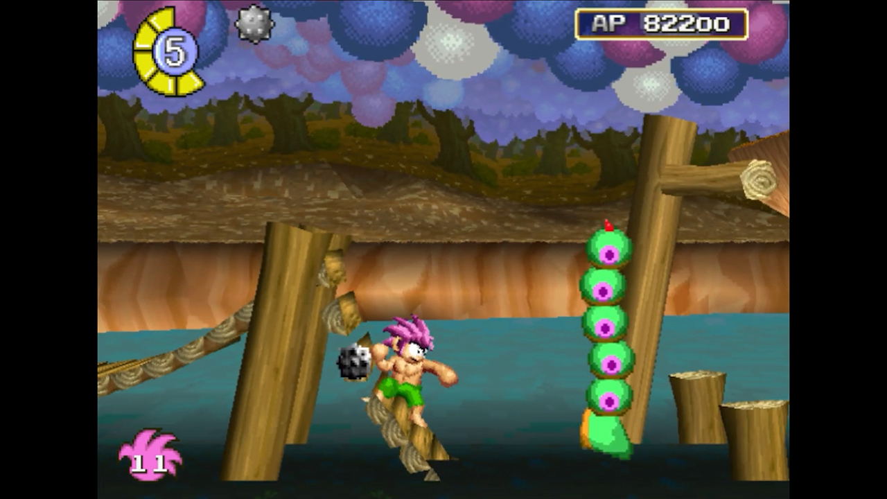 Game screen with character running on a wooden platform with balloons and a mushroom-like object.