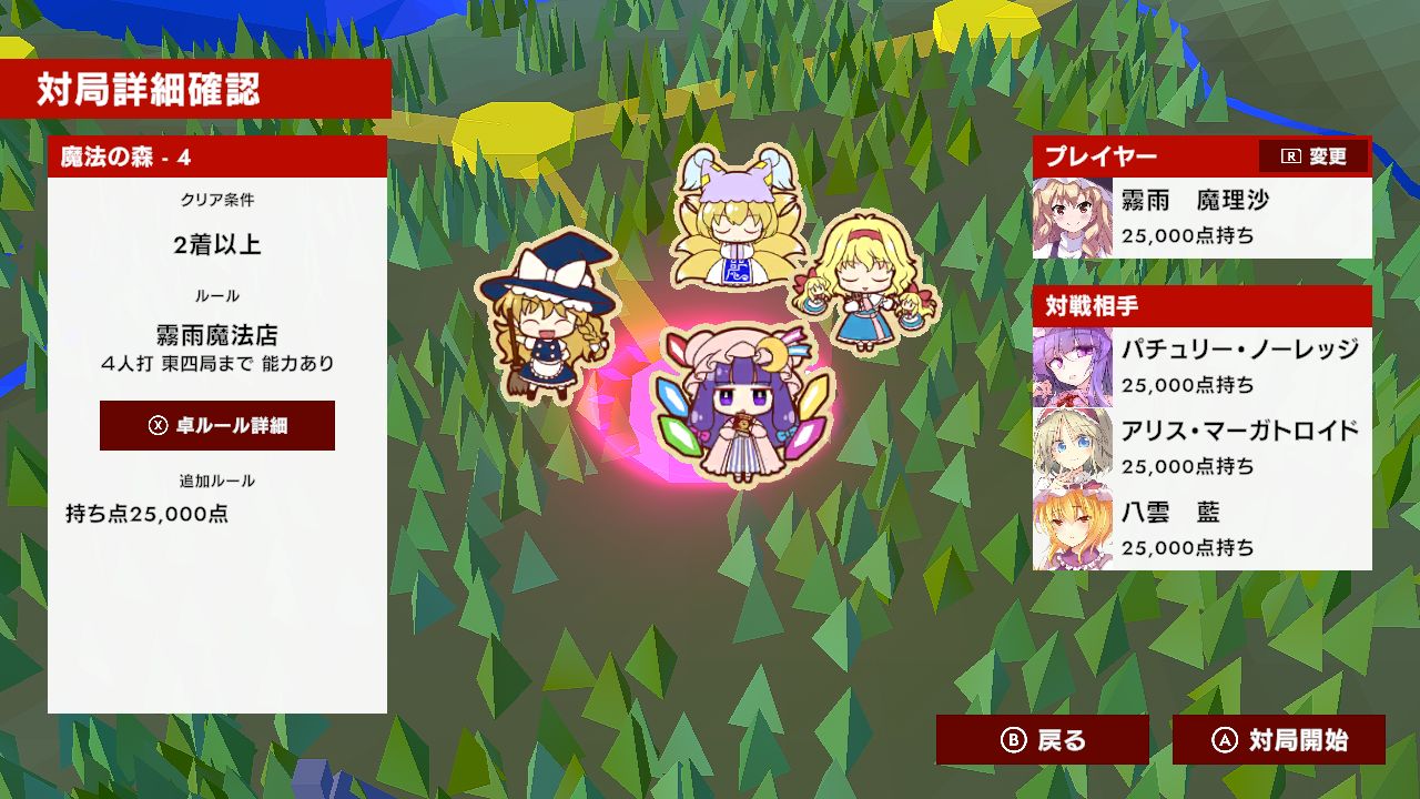 Game interface with character avatars and game stats on a forest background