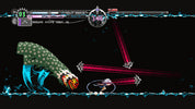 A screenshot from a side-scrolling action game showing a small character facing a large green patterned creature on a black background with blue icy platform edges and pink attack lines.