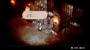 Character in a dark, snowy room with a dialogue box in a video game interface.