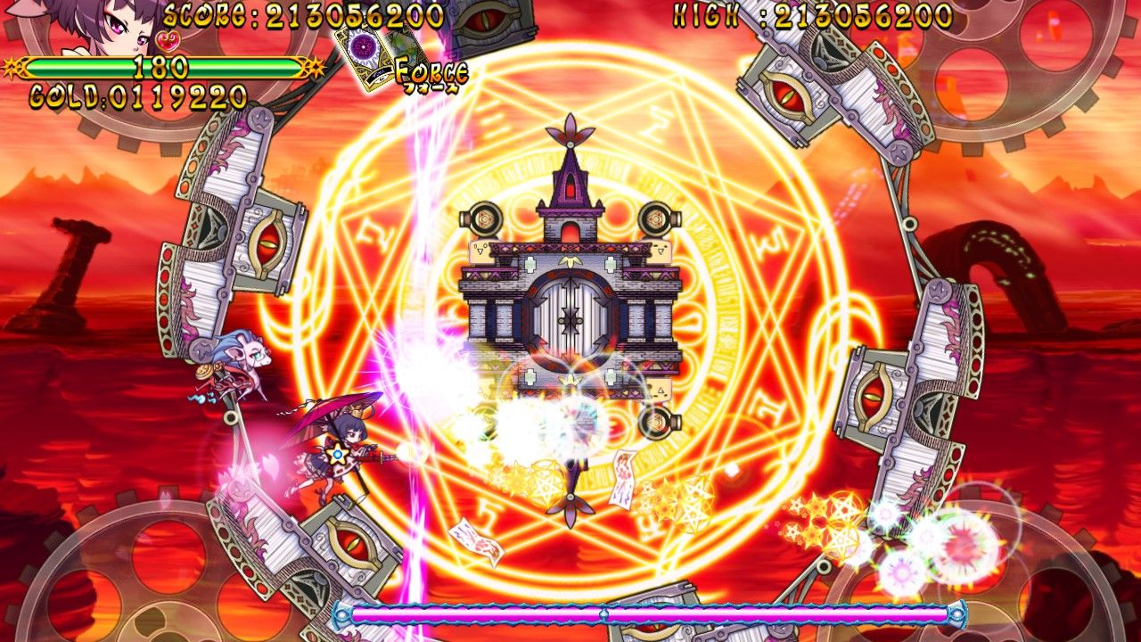 Action-packed game screen with a character in the center, surrounded by mechanical elements and vibrant colors.