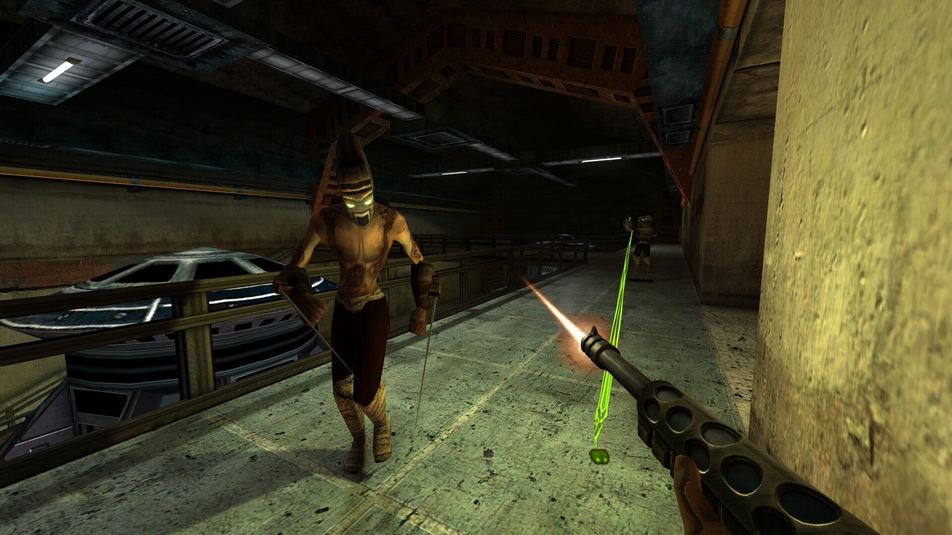 Character holding a weapon with a glowing green effect in a video game setting.