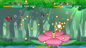 Colorful game screen with a pink flower-like object and character in a forest setting