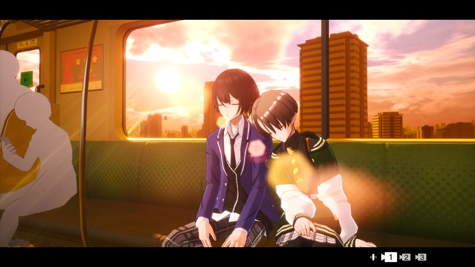 Two animated characters in school uniforms sitting on a train with a sunset cityscape in the background.