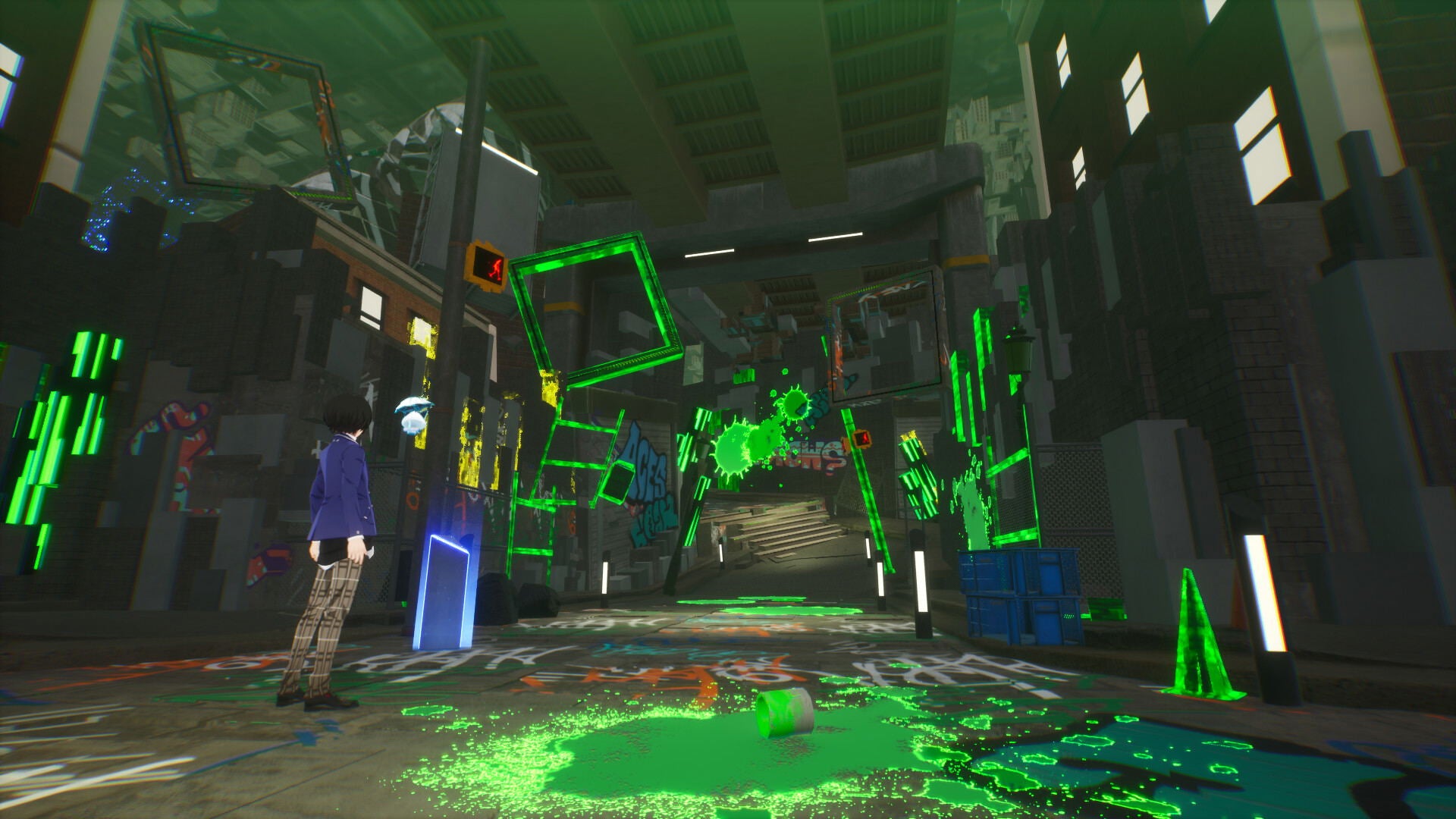 Video game scene with a character in a futuristic environment with green glowing elements.