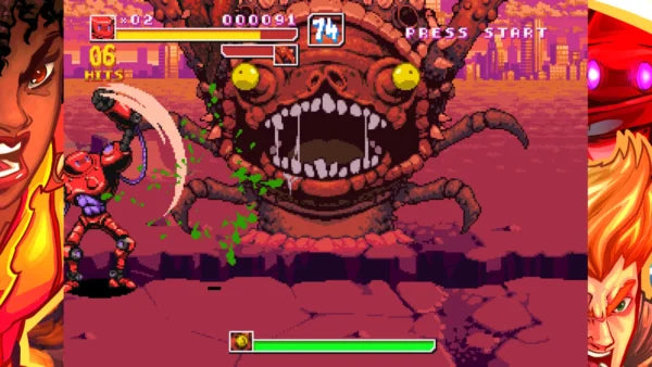 Video game screen with a boss battle against a large creature, featuring a character on the left and a fiery character on the right.