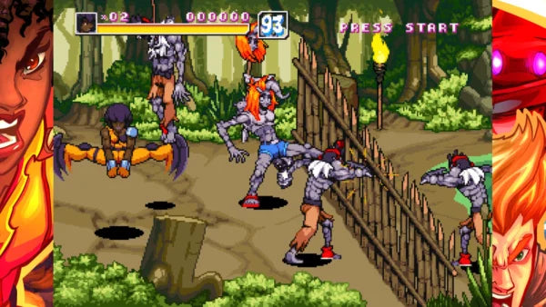 Vintage-style video game screen with characters in a forest setting