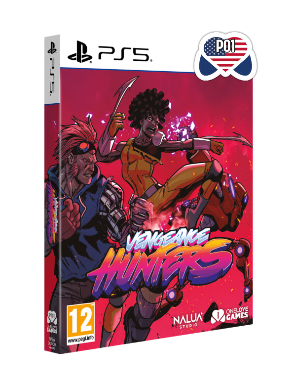 PlayStation 5 game case for 'Vengeance Hunters' with characters on a red background