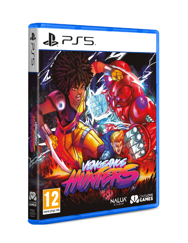 PlayStation 5 game case for 'Vengeance Hunters' with colorful characters on a white background