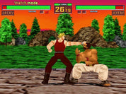 Two characters in a fighting game with a sunset background