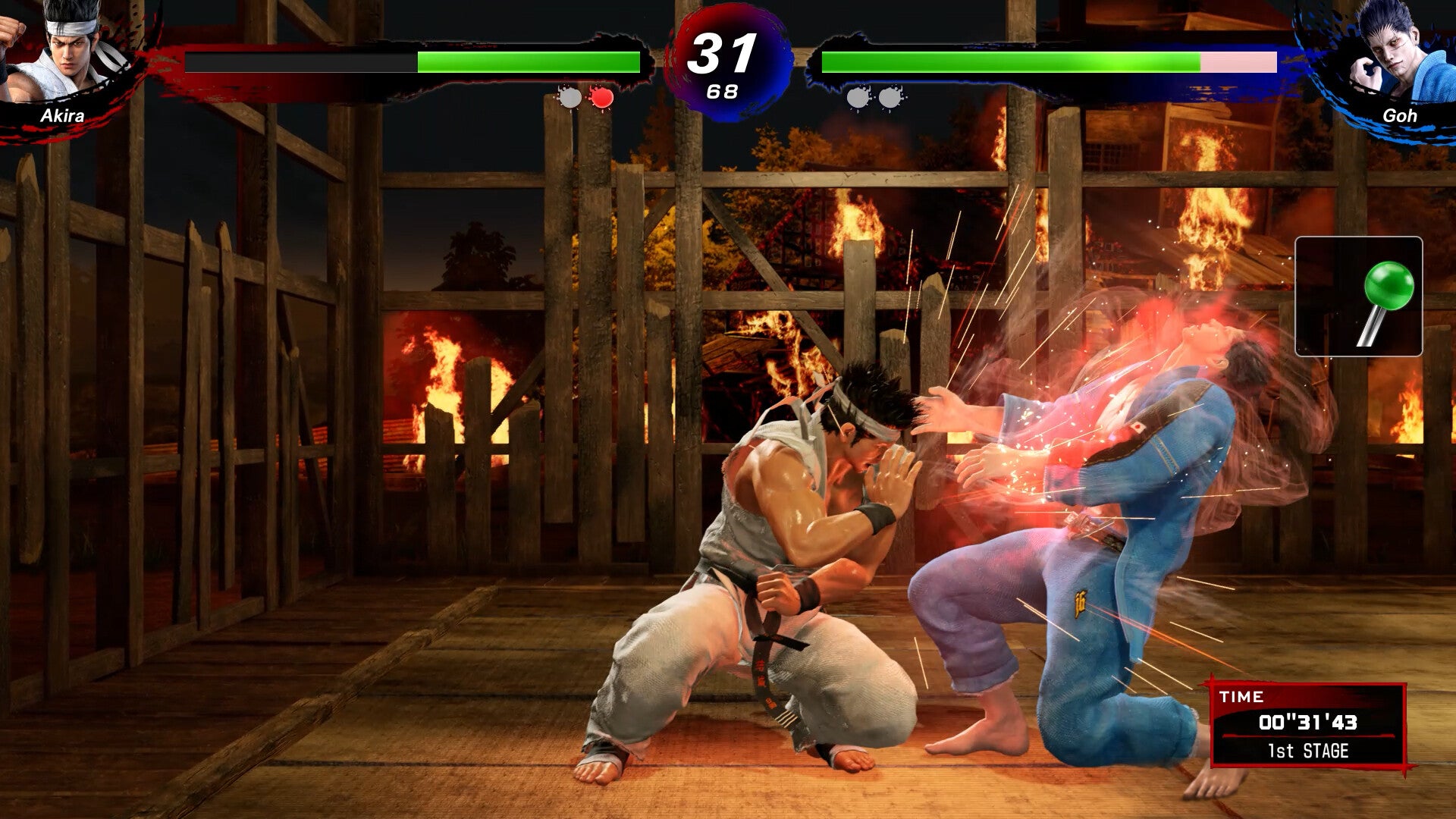 Two characters in a fighting game scenario with health bars and character portraits above them.