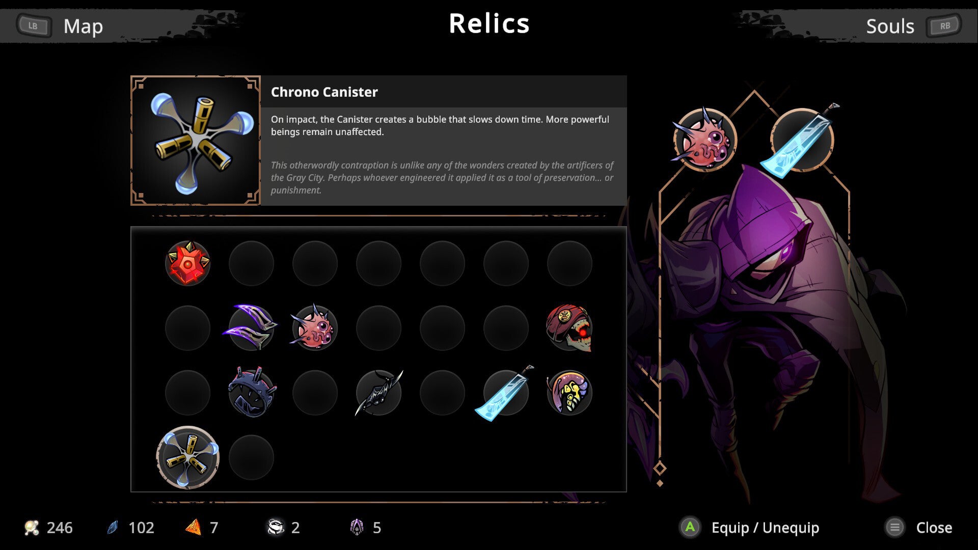 Game interface showing a selection of relics with a dark background
