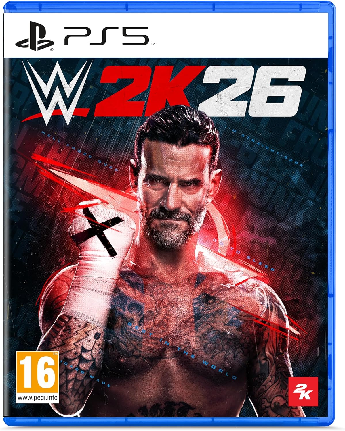 WWE 2K26 game cover for PS5 with a muscular man and red 'X' symbol on a blue and black background.