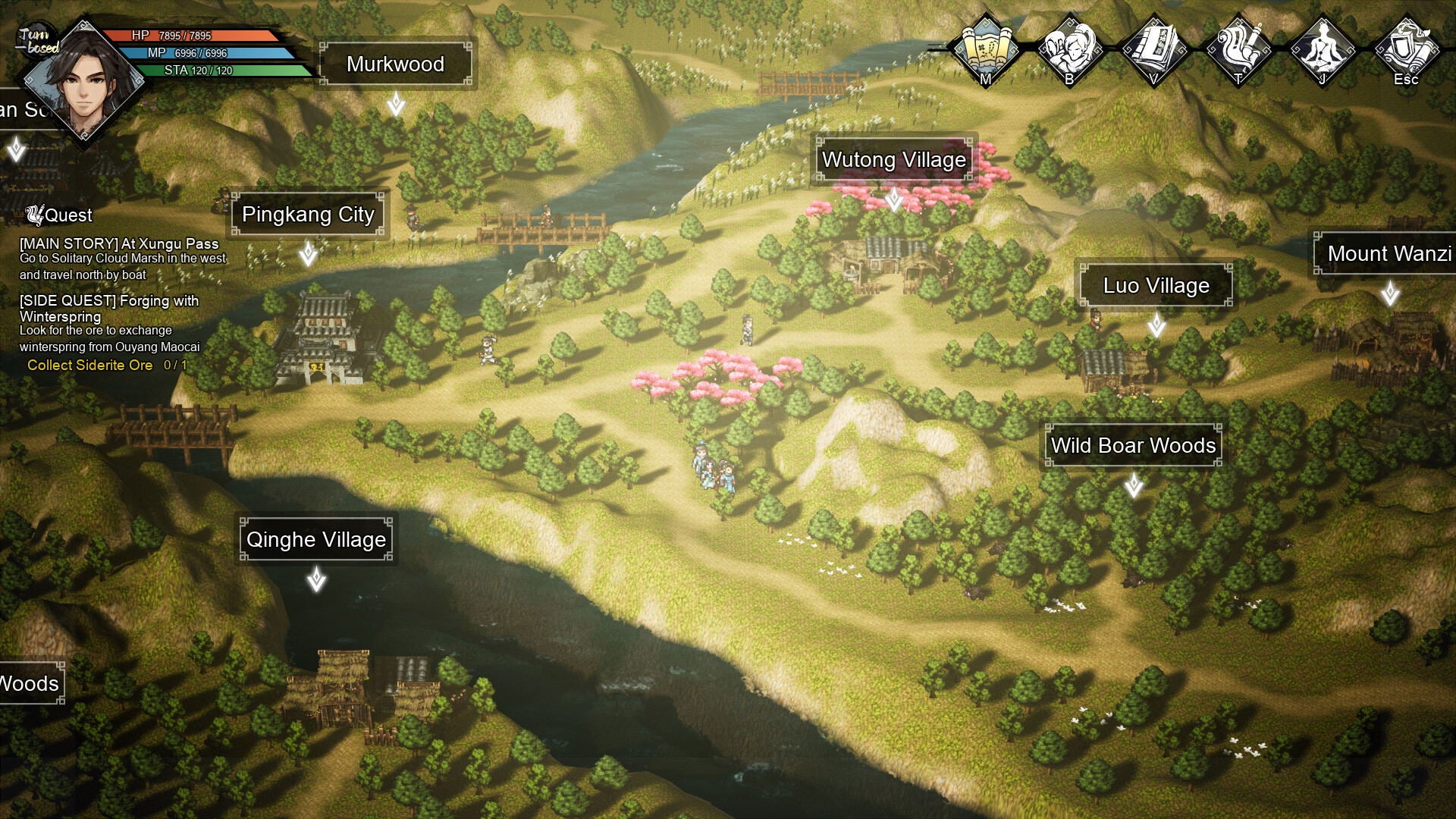 Map of a fantasy landscape with various locations labeled on a screen interface.