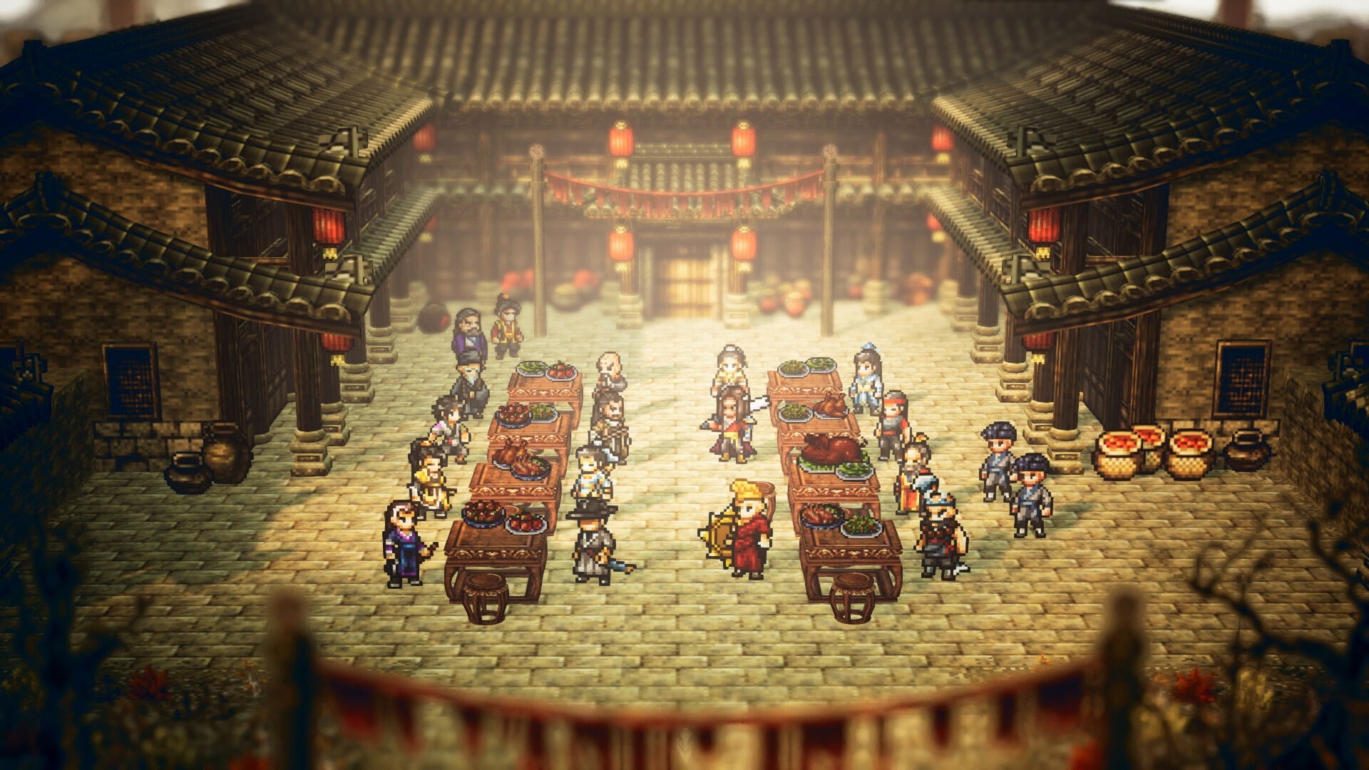 Pixel art scene of a traditional Asian marketplace with people and stalls.