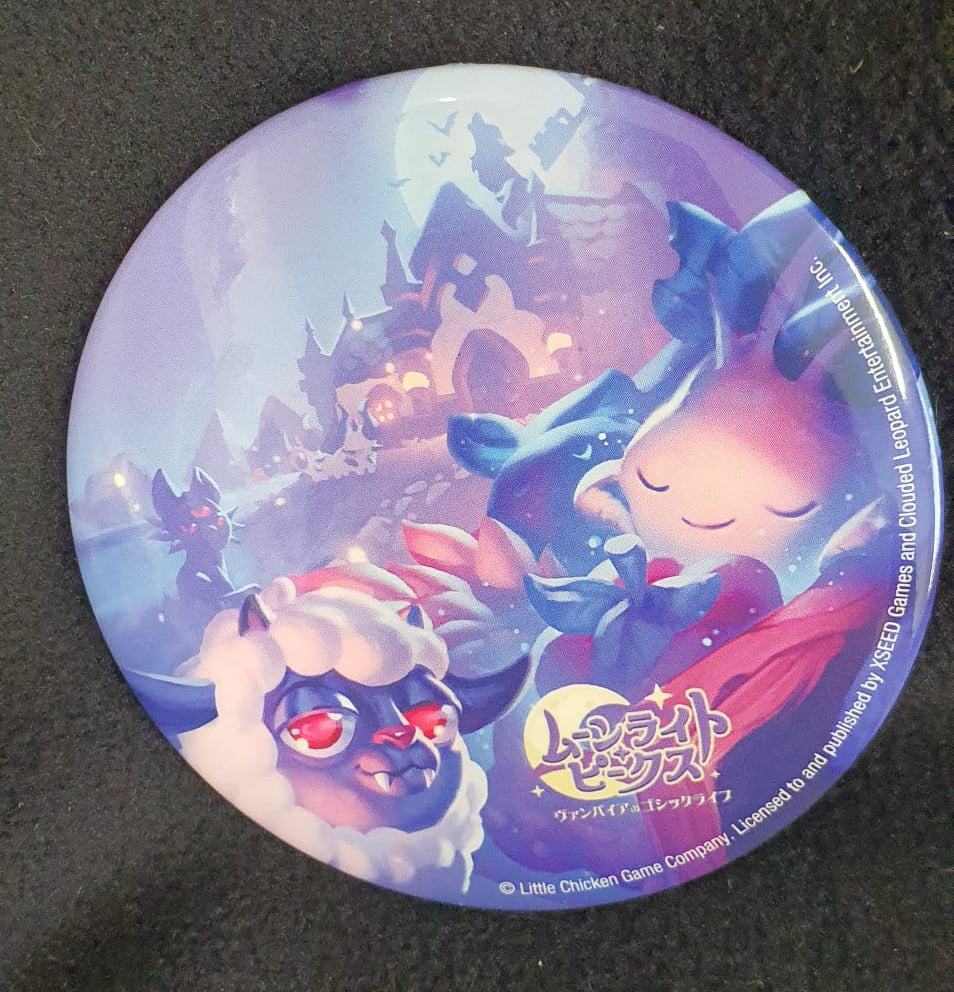 A round pin badge featuring colorful fantasy characters from the game 'Black Myth: Wukong' on a dark textured background.