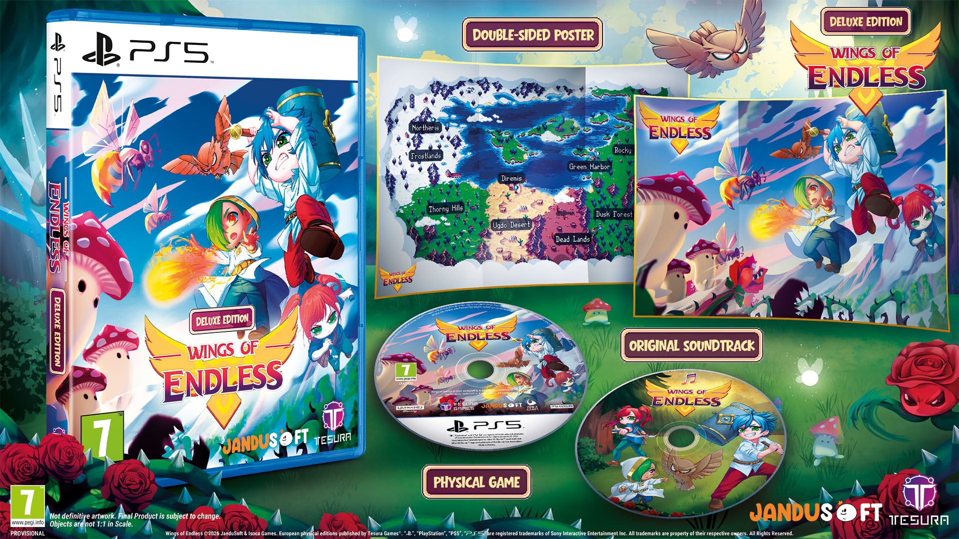 Deluxe edition of 'Wings of Endless' game for PS5 with packaging, poster, and soundtrack.