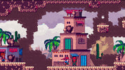 Pixel art scene with a tower, characters, and desert landscape