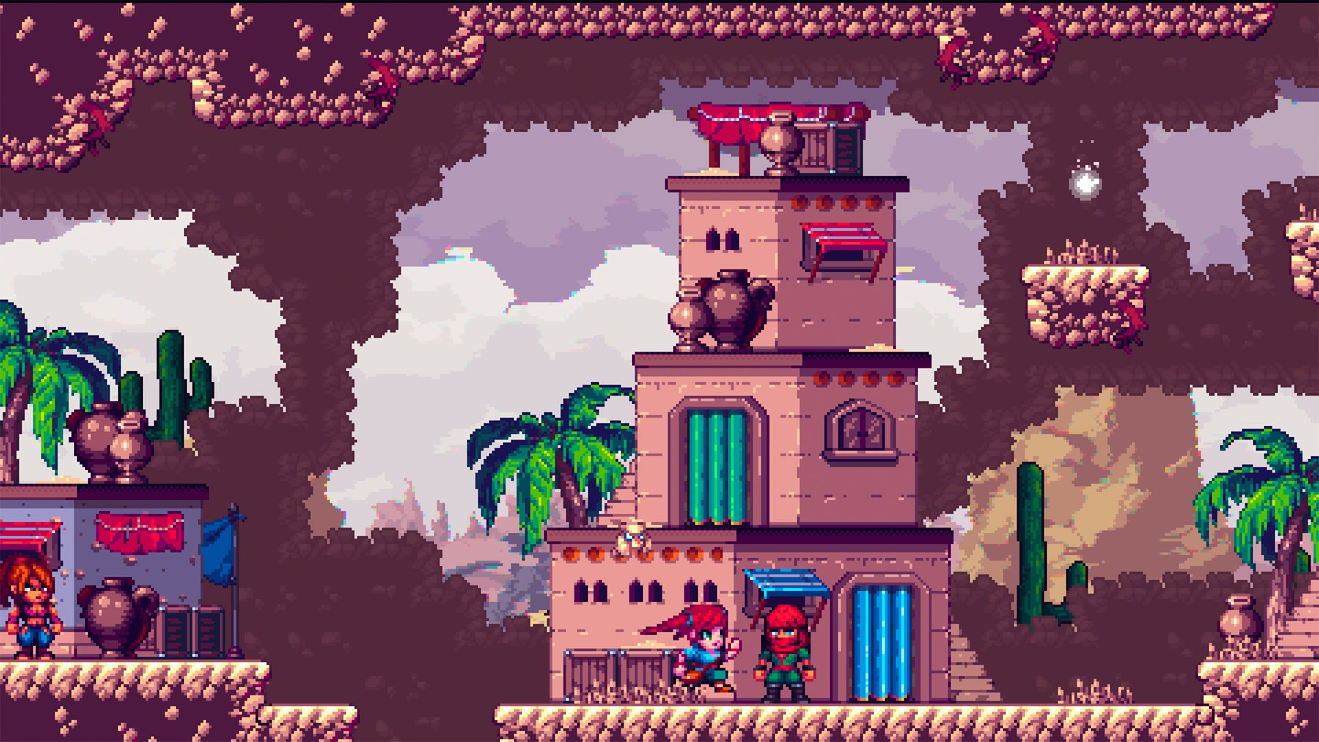 Pixel art scene with a tower, characters, and desert landscape