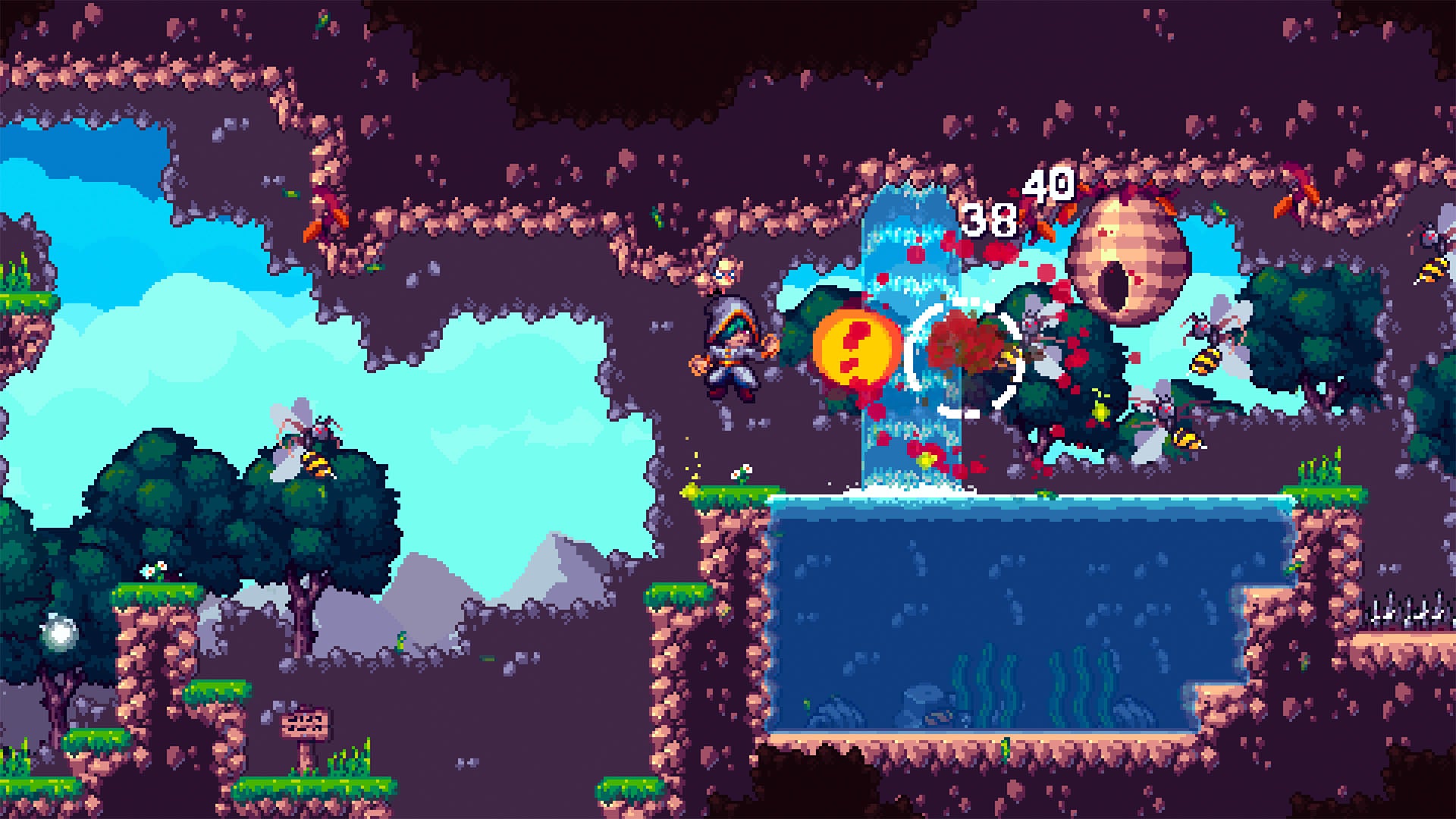 Pixel art scene from a video game with characters and platforms.