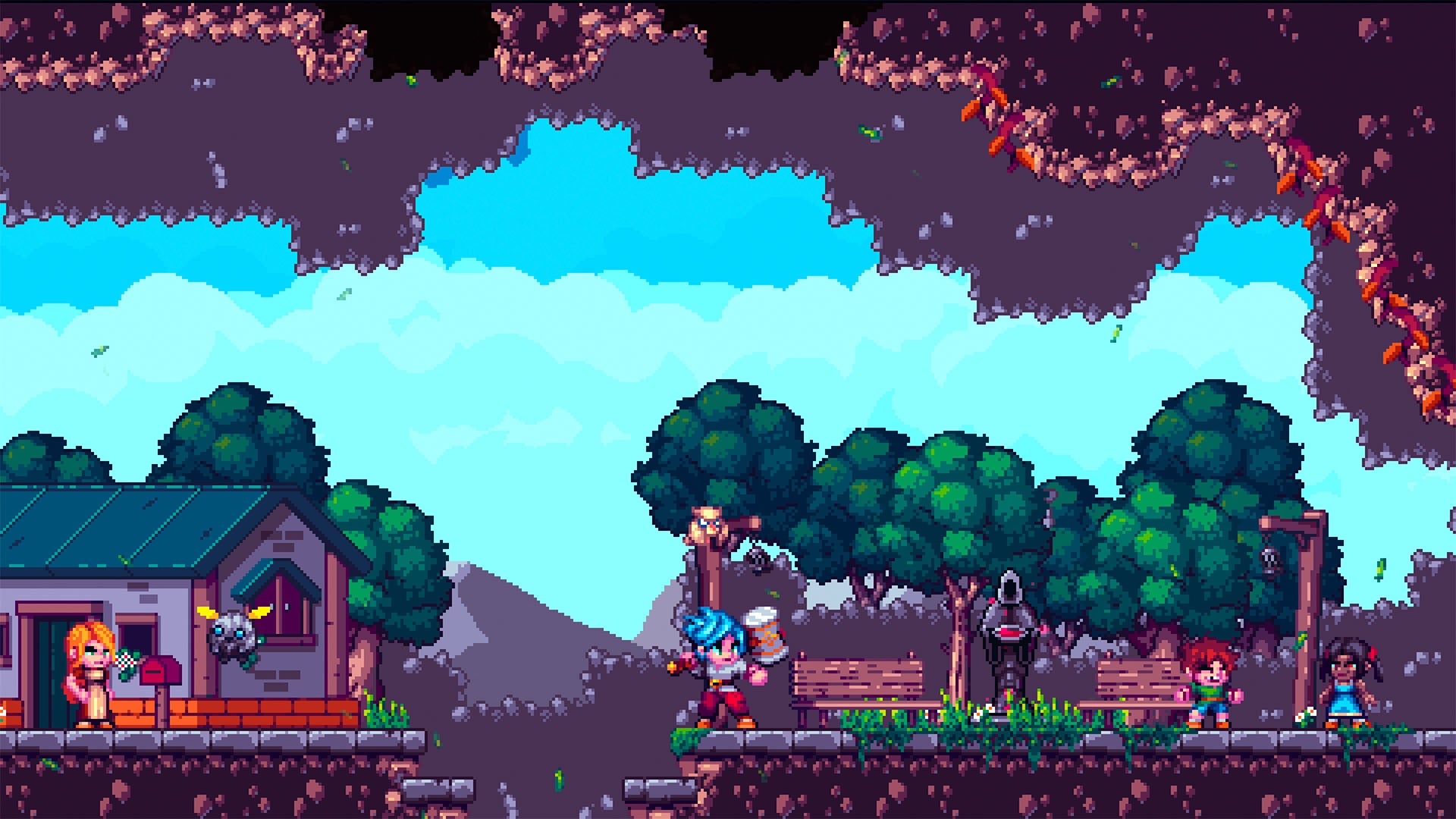 Pixel art scene with characters and a house in a forest setting